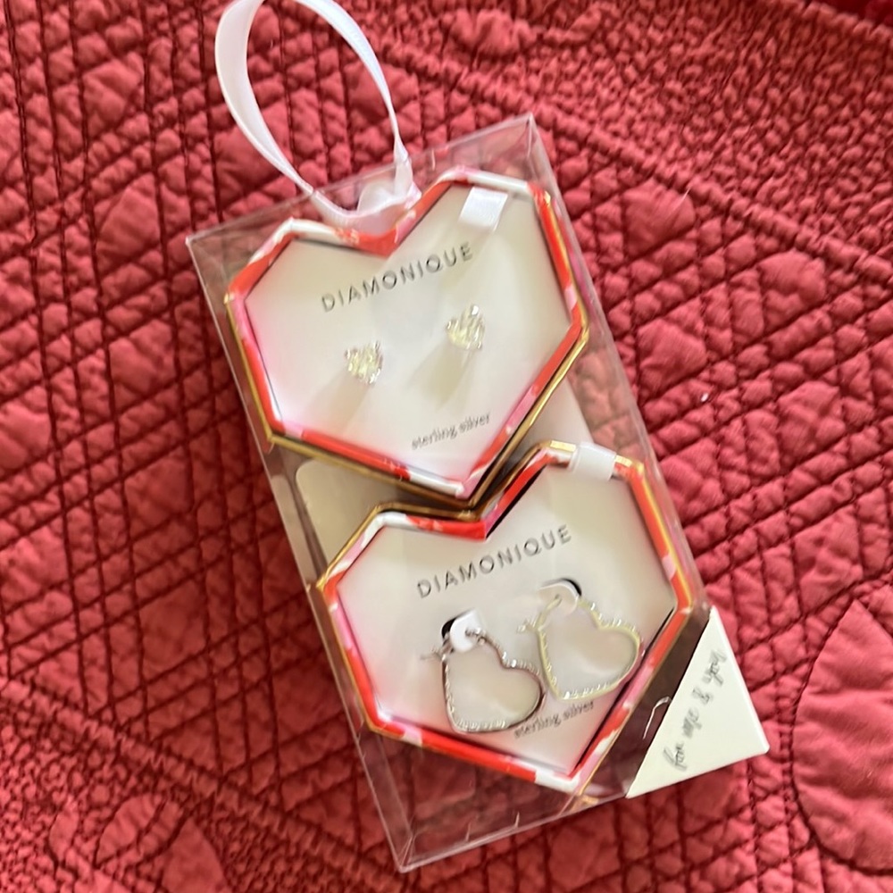 Diamonique heart hoops and studs earrings - sterling silver set in gift boxes